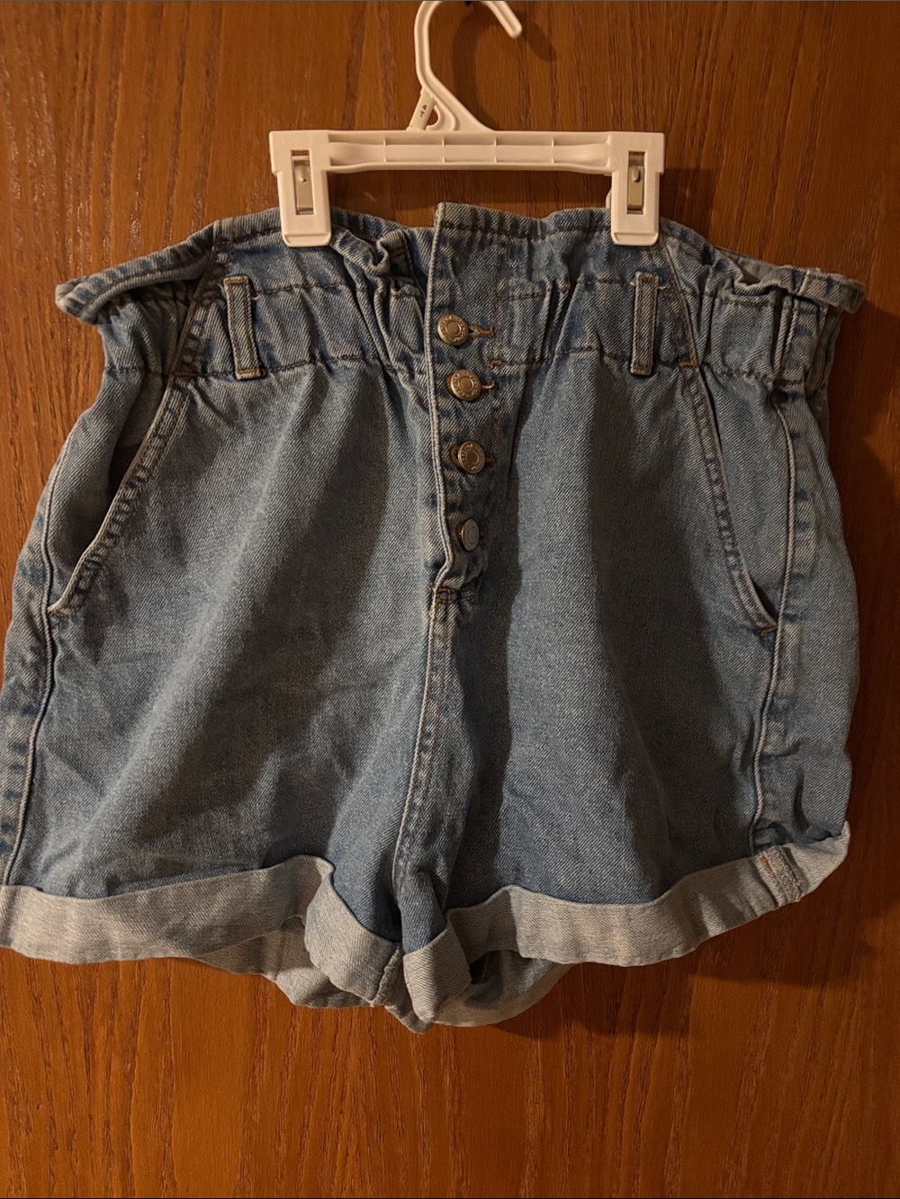Topshop Light Blue Paperbag Waist Button-Front Denim Shorts